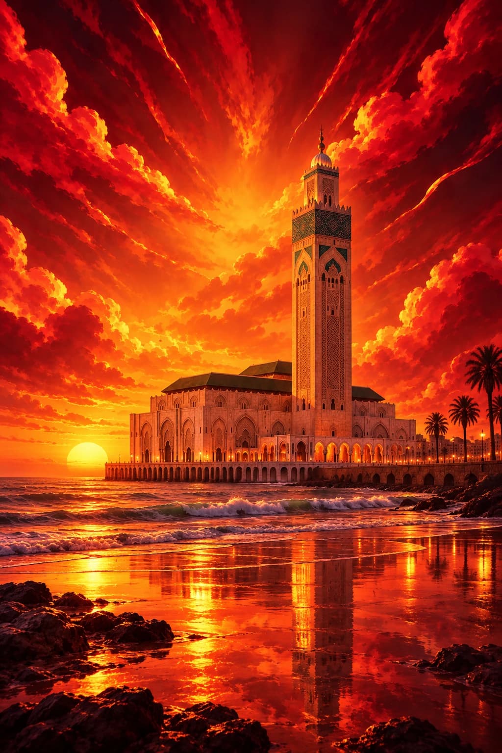 Illustration de la mosquée Hassan II à Casablanca sous un ciel rouge et doré