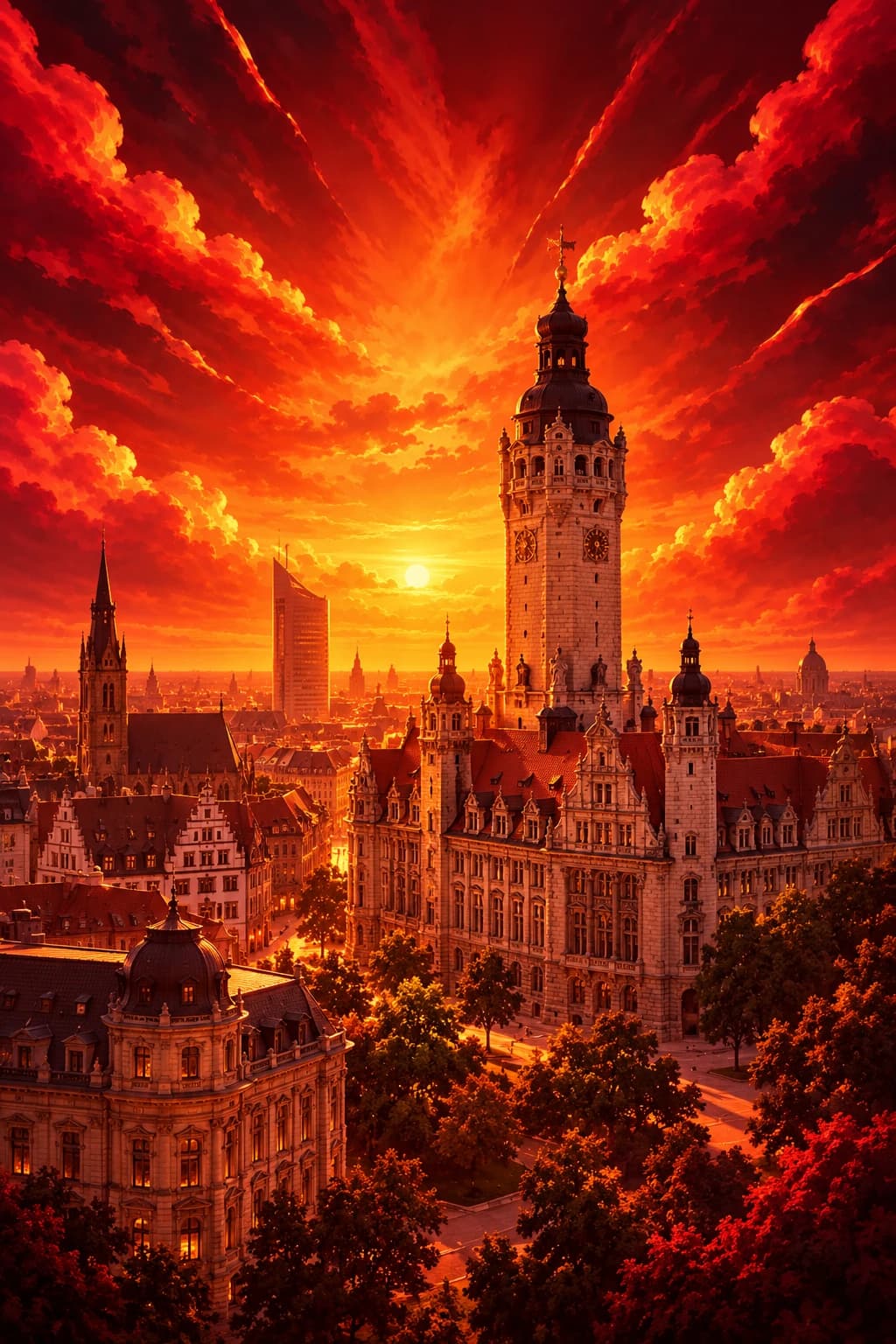 Illustration de l’hôtel de ville de Leipzig sous un ciel rouge et doré